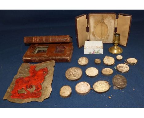 Mixed collection to include a false book with a hidden compartment , an 18th C enamel box , a collection of 19th C plaster ca