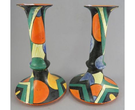 A pair of Royal Crown Devon art deco Candlesticks. 25 cm tall. Some wear and a break in the stem to one. 