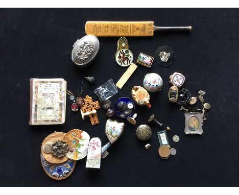 A box of miscellaneous collectables to include, statues, paintings, prints, miniature signed cricket bat, locket, enamel thim
