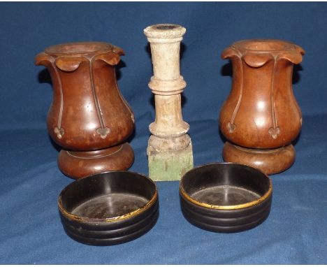 Collection of wooden items , to include a pair of wine coasters  , possibly Georgian 14.5 cm , candlestick and a pair of arch