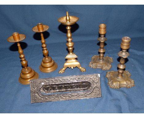 2 pairs of 19th C candlesticks , 21.5 cm and 19.5 cm , a brass candlestick 26 cm  and a metal letter box  (6)Condition good w