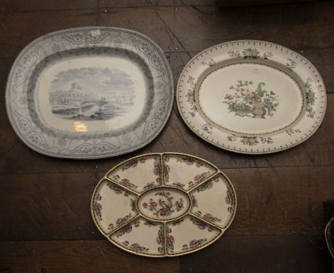 A Copeland oval meat dish transfer printed with figures on a bridge, a Copeland Spode chinoiserie example and a Whieldon ware