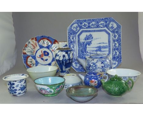 Mixed 19th and early 20th C Oriental ceramics to include a square blue and white charger 29cm , 3 teapots , a plate vase a bo