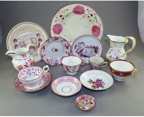Quanity of pink lustre circa 1820-40  , consisting of 2 jugs , 2 dishes and cups and saucers . (quantity )Condition , damage 