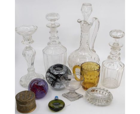 A Rene Lalique bottle of Je Reviens scent in original slipcase,, two early 19th century decanters and stoppers, a Kosta Boda 