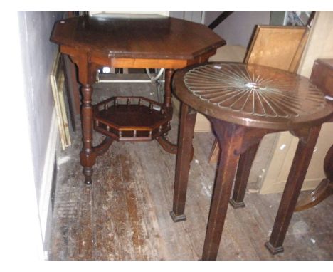 An octagonal occasional table with ceramic casters, together with a circular occasional table with beaten copper facing inlai