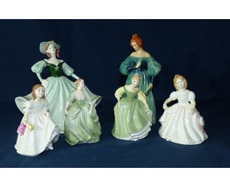 Goebel figure of Demure Elegance 21.5 cm high , Coalport figure of Shirley 20 cm high , 3 Royal Doulton small figures of Aman