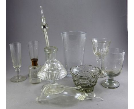 mixed collection of glass , to include a vase with deer decoration , some barometer pieces , a cut glass mushroom shape candl