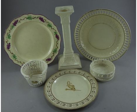  A collection of creamware to include a French candlestick 20th C , 2 18thC creamware plates , the smallest impressed Wedgwoo