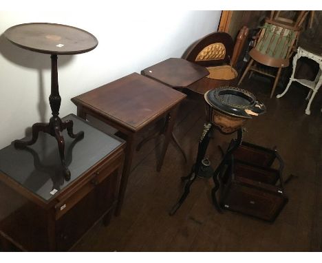 A mahogany bedside cabinet with brush slide, drawer above pot cupboard H 65 cms, W 51 cms D 36 cms; a mahogany side table (un