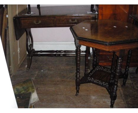 Two tables, one gate-leg with 4 legs on brass casters with double turned stretchers and an octagonal inlay example.