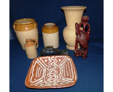 Large stoneware Hillstonia vase 35 cm , 3 stoneware jars , wooden crane lamp stand pottery slip ware dish and a pottery dolph