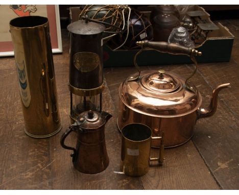 A Victorian copper kettle, bail handle, a trench art mug and vase and a Thomas and Williams miner's lamp&nbsp; (4)