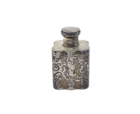 A white metal tea caddy, scrolling design 11cm high&nbsp;