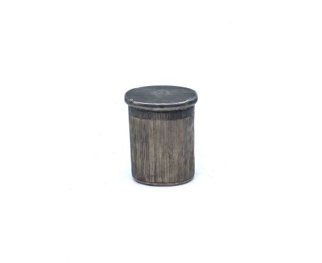 A George V silver tea caddy, machine turned design, the lid with a monogrammed cartouche, London 1929, 9.5cm high, weight 135