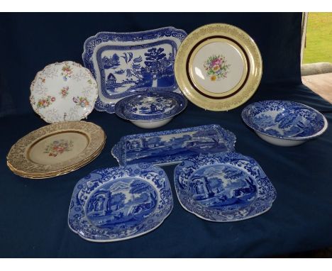 Mixed selection of ceramics , to include a Spode Italian bowl , 2 plates and a sandwich plate , a willow pattern platter and 