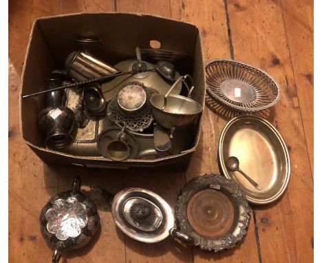 A quantity of plated items to include a pair of Victorian bottle coasters with fruiting vine decoration, two tureens and cove