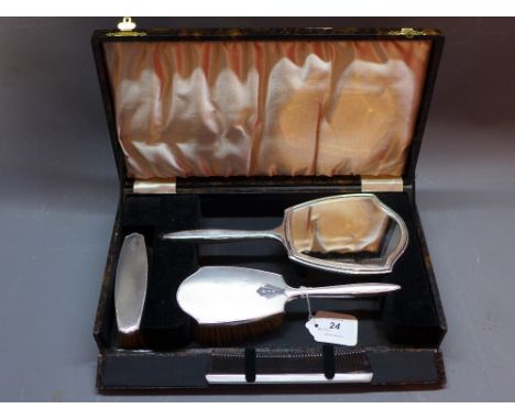 An Edwardian silver mounted dresser set with engine turned design and engraved DAD in original box