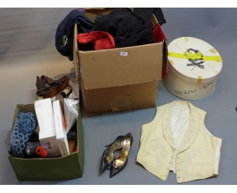 A collection of vintage clothing to include a pair of Dolce and Gabbana shoes and an 18th Century waist coat