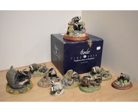 A group of six Border Fine Arts badger studies/groups, comprising 'Fighting' modelled by Victor Hayton c1977,  'Forest Friend