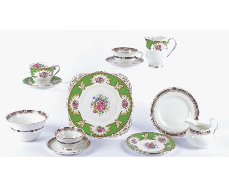 A Royal Grafton part tea service in the 'Academy' pattern, transfer printed decoration of roses on a green ground, comprising