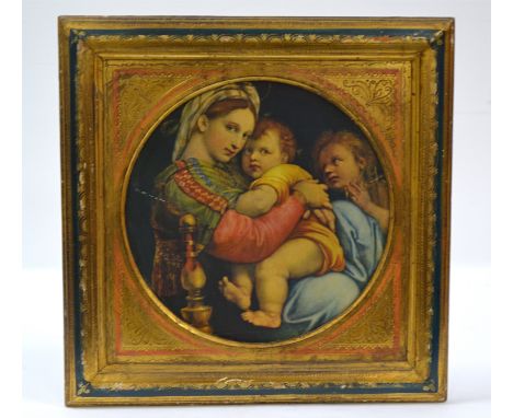 Classical print of Madonna and child, on board in ornate patterned Italianate frame, 29cm diameter 