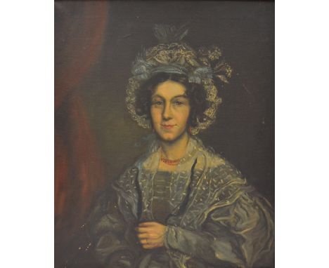 19th Century, oil painting, portrait of lady in blue dress and lace bonnet, 75cm x 62cm 