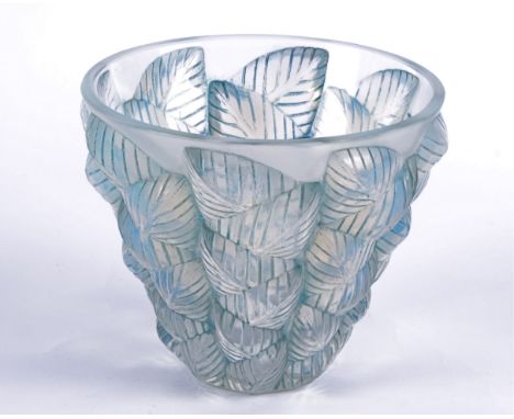 A Rene Lalique 'Mosaic' pattern opalescent vase, with moulded opalescent leaf decoration, marked 'R Lalique' to the base, hei