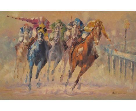L R Mykino, late 20th Century, oil on canvas, Horse Race, 61cm x 91cm Fair