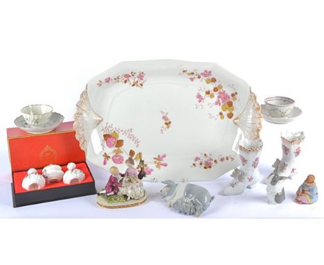 A selection of contemporary ceramics, including a Nao figure of a rabbit, a Limoges floral platter, a boxed Royal Crown Derby