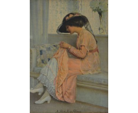 Early 20th Century, print on to finely woven fabric, 'a stitch in time' of female sewing, 20cm x 15cm 