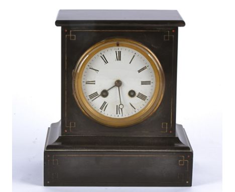 A Victorian black marble cased mantel clock, white enamel dial with Roman numerals on a pediment base, retailed by J. Foord, 