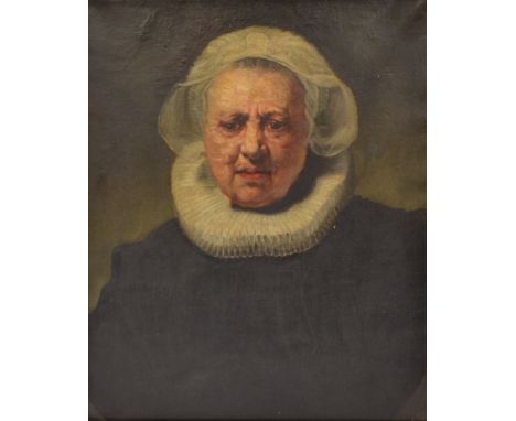 After Rembrandt Van Rijn, European School, 19th Century, portrait of woman wearing lace cap and ruff, 64cm x 54cm 