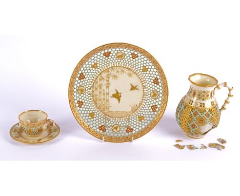 Four pieces of late Victorian Aesthetic Movement reticulated Royal Worcester porcelain in the manner of George Owen, to inclu
