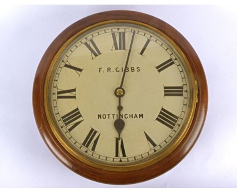 A Victorian round wall clock, cream painted dial with Roman numerals, signed 'F. R. Gibbs, Nottingham', the round mahogany ca