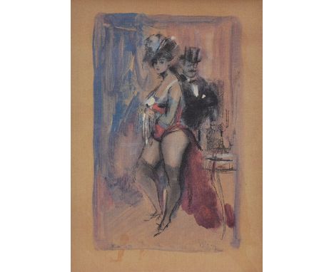 After 19th Century French School, modern coloured print monocled gentleman and dancing girl, 40cm x 39cm 