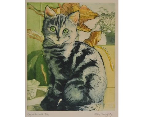 Contemporary framed print, seated kitten inscribed, 'Kitty on the table' 8/100 by Mary Fenoughty, 42cm x 35cm 