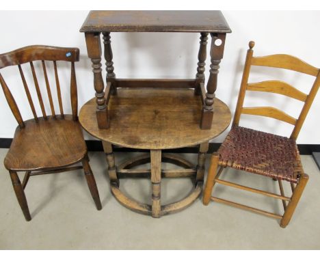 An unusual oak oval occasional table, with five turned support to base, together an antique a spindle backed  and a fruit woo
