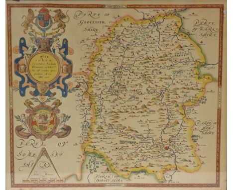 Early print of Christopher Saxtons 1576 county map of Wiltshire, baring Elizabeth I Royal Crest, 45cm x 52cm 