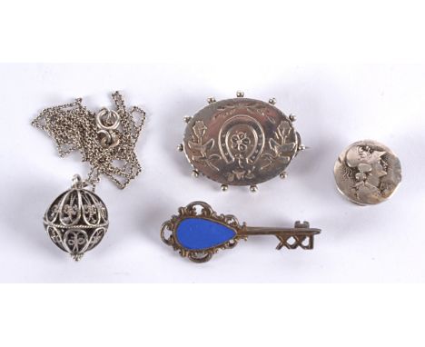 A John Taylor &amp; Co silver and blue enamel brooch modelled as a key, hallmarked Birmingham 1961, together with a small qua