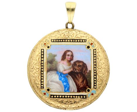 BWG Yellow gold hand-painted enamel pendant Engraved and enamelled pendant fashioned from a pocket watch cover depicting a gi