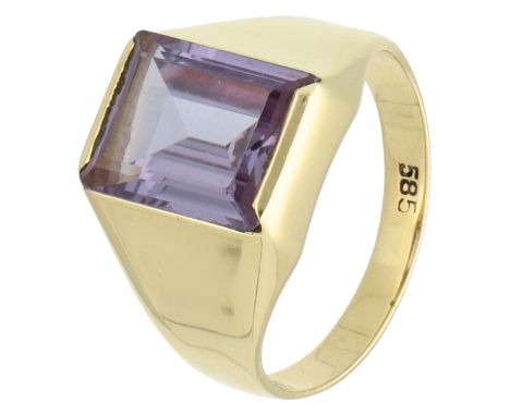 14K Yellow gold ring with synthetic purple sapphire. Set with a step-cut synthetic purple sapphire (I7.95 x 8.96 mm), In good