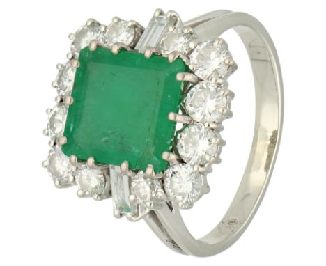 14K White gold entourage ring set with approx. 1.26 ct. diamond and emerald. Set with 12 brilliant and two baquette-cut diamo