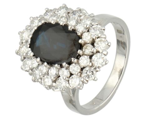 14K White gold entourage ring set with approx. 2.39 ct. natural sapphire. Set with a natural sapphire (dark stone) of approx.