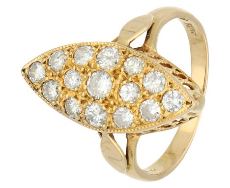No Reserve - 18K Yellow gold marquise ring set with approx. 0.47 ct. diamond. Set with 15 brilliant cut diamonds of approx. 0