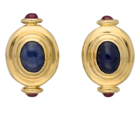 18K Yellow gold ear studs with natural sapphire and ruby Set with two cabochon-cut natural sapphires (treated) of approx. 1.8