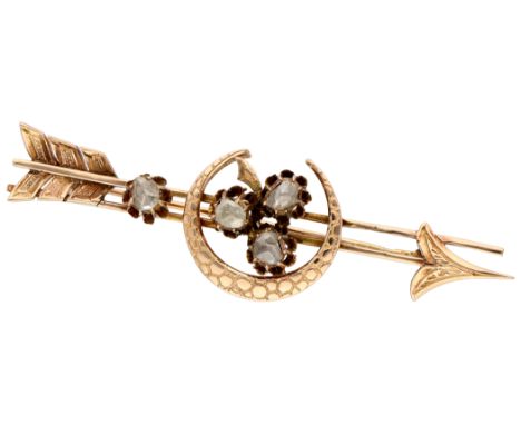 10K Rose gold antique brooch with rose diamonds. Brooch in the shape of a bow and arrow, half moon and three-leaf clover set 