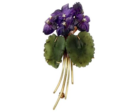 14K Yellow gold brooch of a wood violet of carved amethyst and nephrite Four flowers and one flower bud of cut amethyst with 