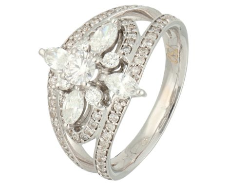 18K White gold entourage ring set with approx. 1.22 ct. diamonds. Set with four marquise, 67 brilliant cut diamonds of total 