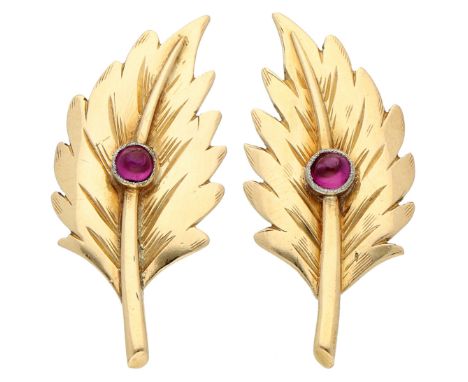 14K Rose gold ear studs with synthetic ruby. Ear studs in the shape of a carved leaf set with a cabochon-cut synthetic ruby (